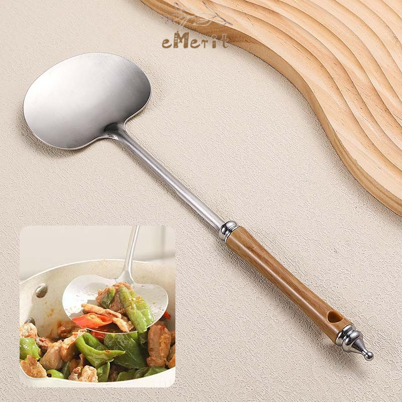 Pegangan Kayu Stainless Steel Jamur Sekop Rumah Tangga Sendok Aduk Goreng Spatula Pegangan Panjang e