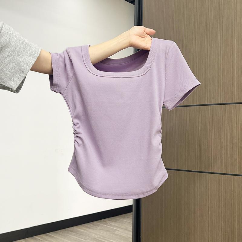 T-shirt lipit samping leher persegi ungu / kaos crop polos import wanita