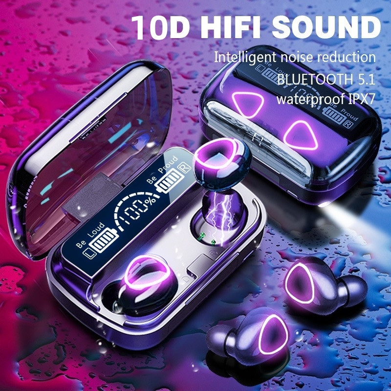 trn - Headset Bluetooth 5.1 TWS M10 Wireless Earphone LED Indicator + Powerbank 3500mAh
