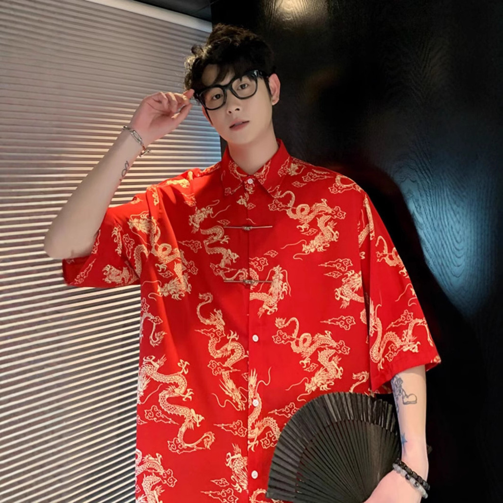 Kemeja Lengan Pendek Gaya Baru Tahun Naga Pria Kemeja Lengan Tiga Perempat Sutra Es