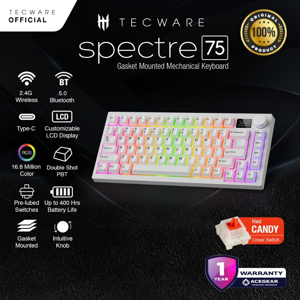 Tecware Spectre 75 Gasket mounted keyboard w/LCD and Knob, Tecware Wraith Candy Red switches (White)