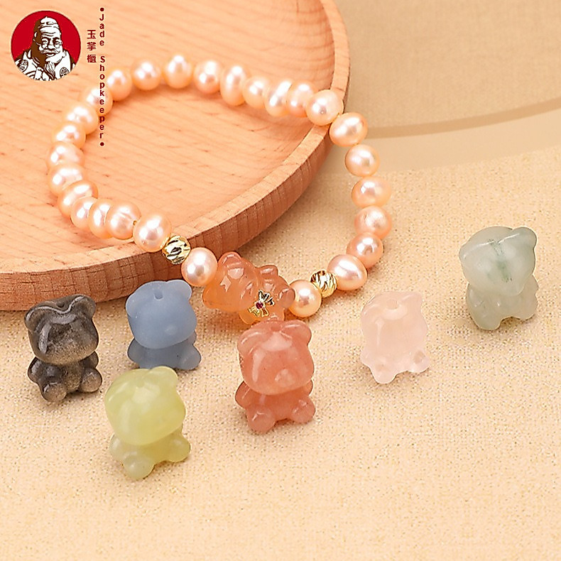 Batu akik kristal alami, liontin batu giok beruang aksesoris liontin DIY.
