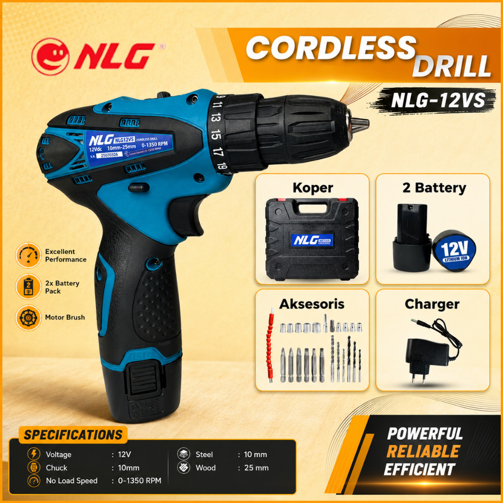 NLG Bor Cordless 12V NLG-12VS Bor Baterai NLG Cordless Drill 10mm / NLG 12v