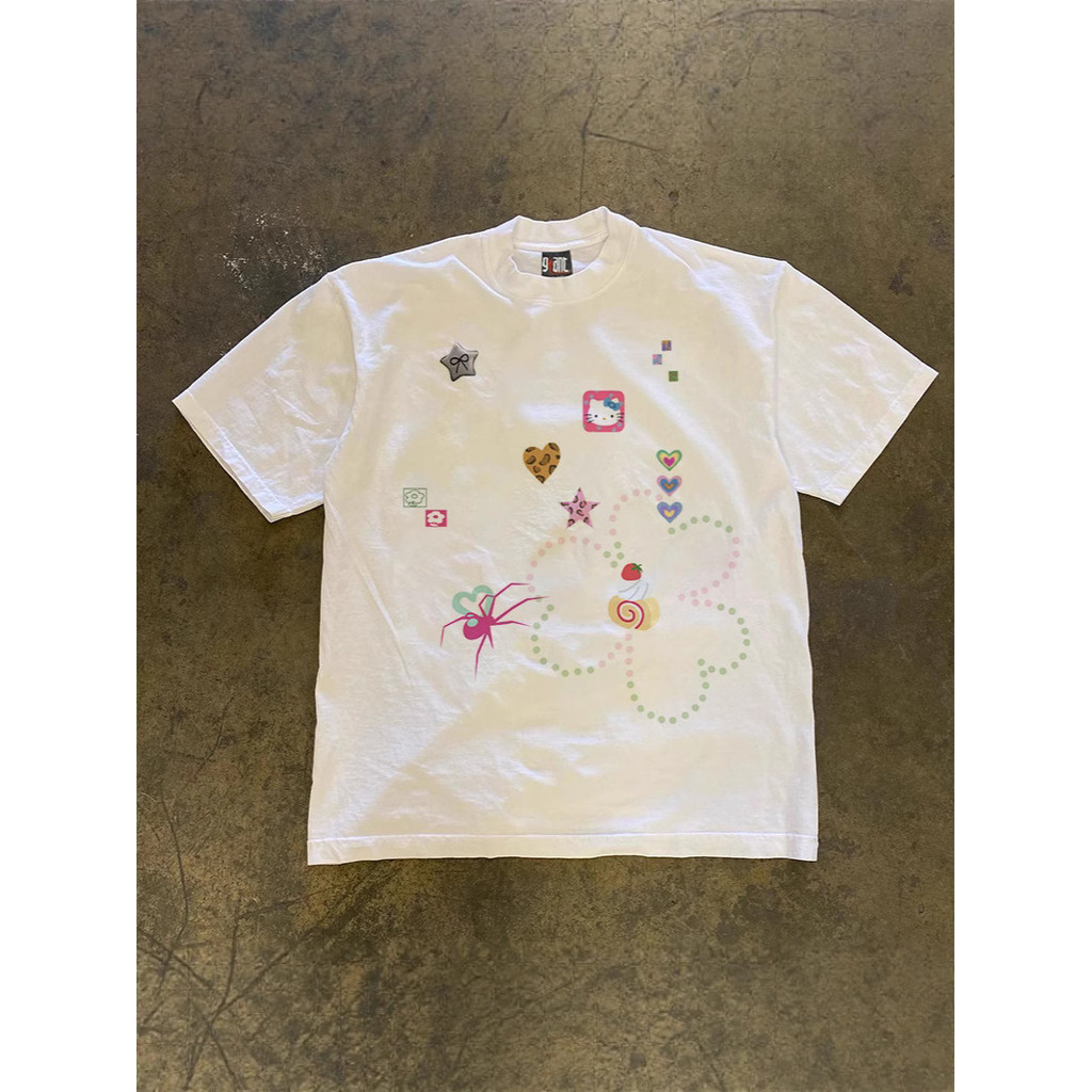 Kaos Ikon Lucu Kucing Hati Laba-laba Y2K Aesthetic Unisex Lengan Pendek Katun Combed 24S Jumbo S-3XL