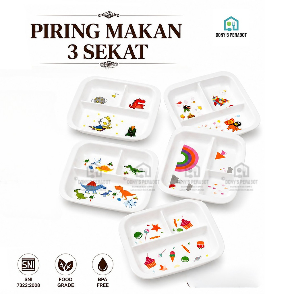 TOPTREE Piring Melamin Sekat Tiga Kisi Karakter Anak 9 Inch