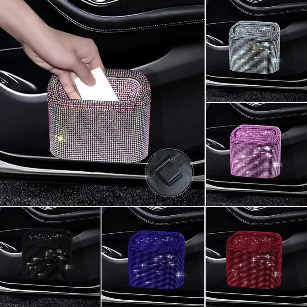 Creative Bling Car Glitter Trash Can Rhinestone with Lid Trash Bin Hanging Garbage Grabber Car Inter