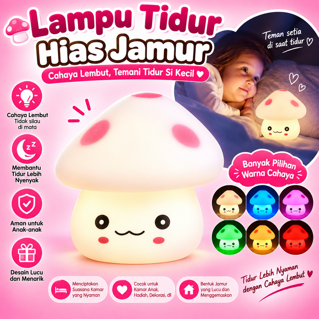 Lampu Jamur Hias Lampu Tidur LED Karakter Warna Warni Lampu LED Warna Lampu Hias