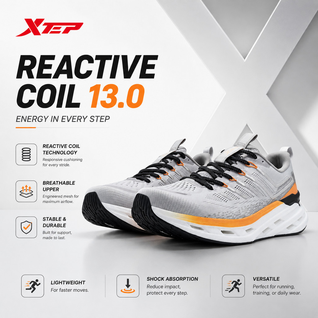 XTEP Sepatu Running Pria Reactive Coil 13.0 974219110010 | Sneakers Lari Sport Cushion Original