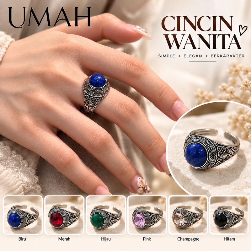 UMAH Cincin Wanita Adjustable Batu Permata Vintage Elegan Cincin Fashion Retro Serbaguna