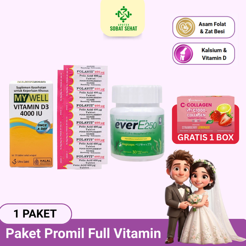 [PAKET PROMIL VITAMIN] - @1pc My well400IU+@2pc Folavit400mcg+@1btl Ever-e 30s - Free @1bx C1000 col