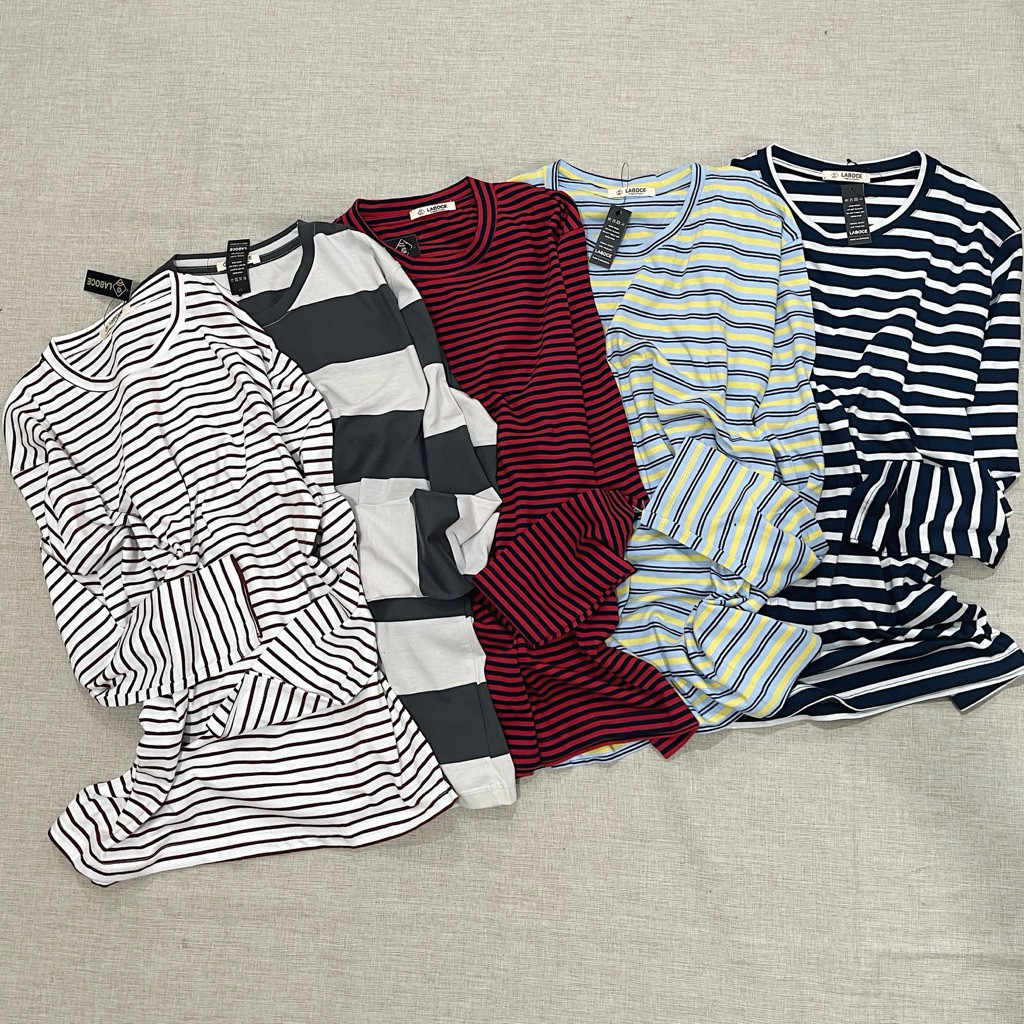 MURAH - dwistuff Basic Tee Kaos Panjang Polos Stripe katun rib wafer rajut