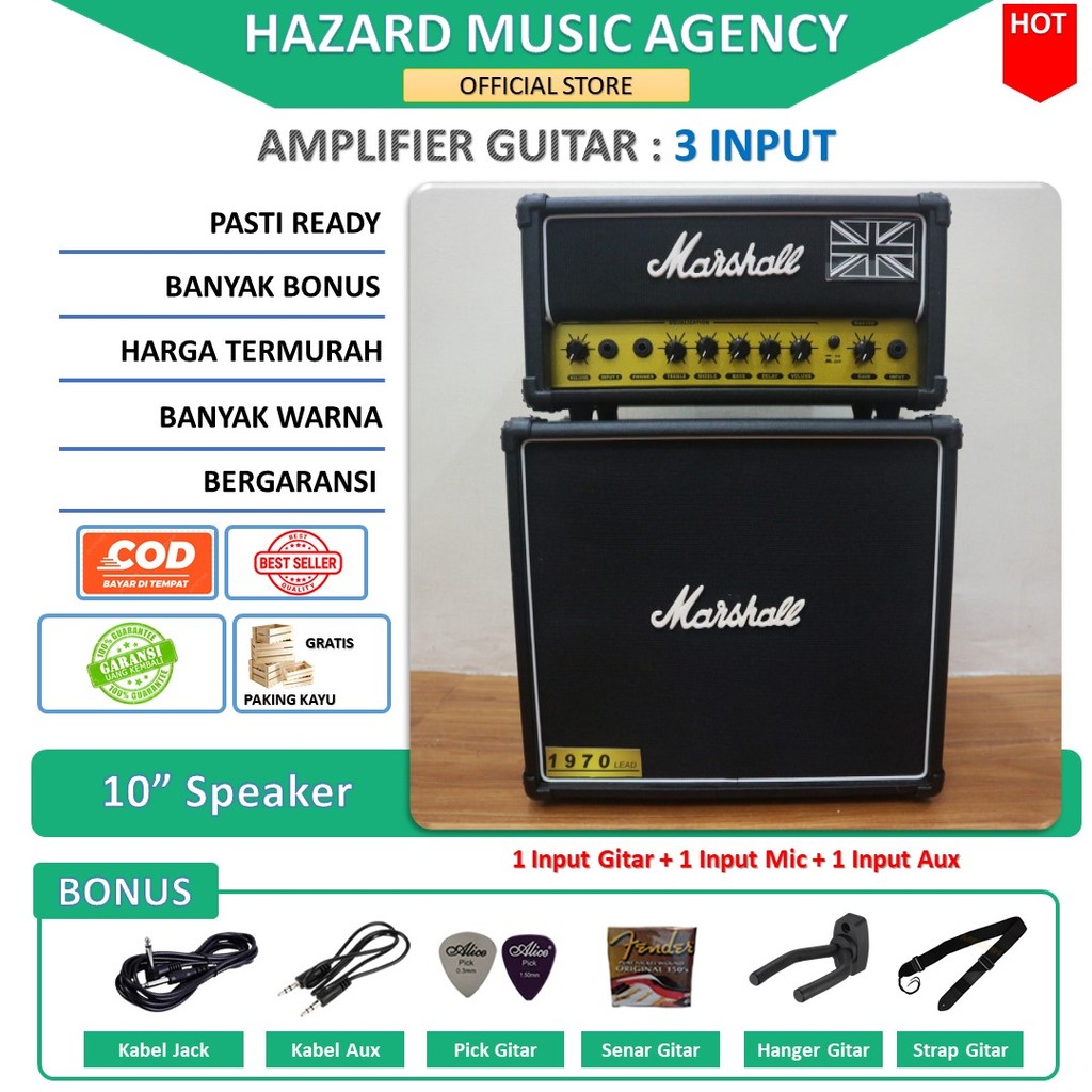 Ampli Gitar 10 Inch Marshall 3 Input Head Cabinet Ada Efek Distorsi & Delay