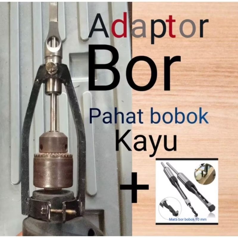 Adaptor Bor Pahat Bobok Kayu + Mata Bor Pembuat Lubang Persegi