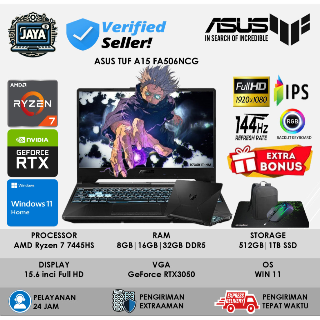 Laptop Gaming Asus TUF A15 AMD RYZEN 7 7435HS DDR5 8GB 512GB SSD RTX3050 4GB FHD IPS 144Hz