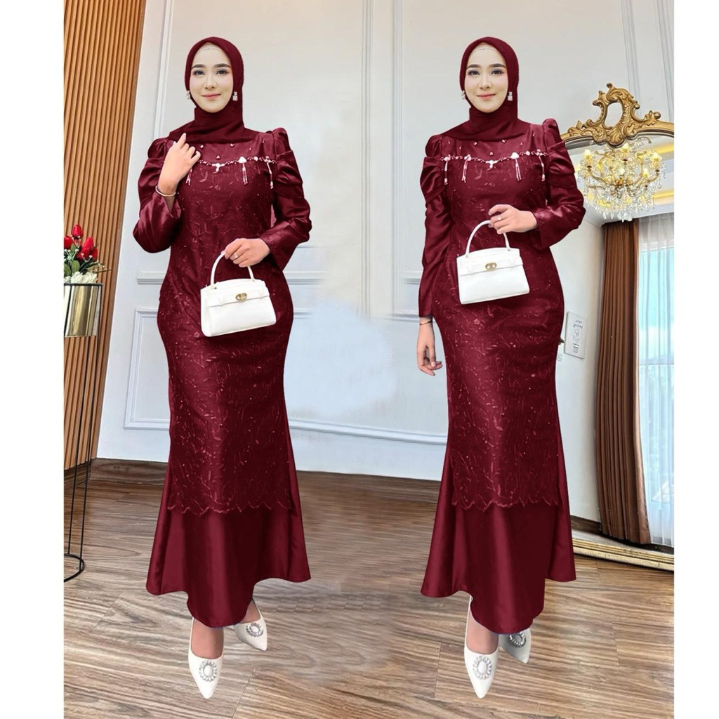 [𝐏𝐚𝐝𝐮 𝐃𝐫𝐞𝐬𝐬] Gamis Muslim Brukat Jumbo Warna Marun – Elegan untuk Pesta, Kondangan & Lebaran