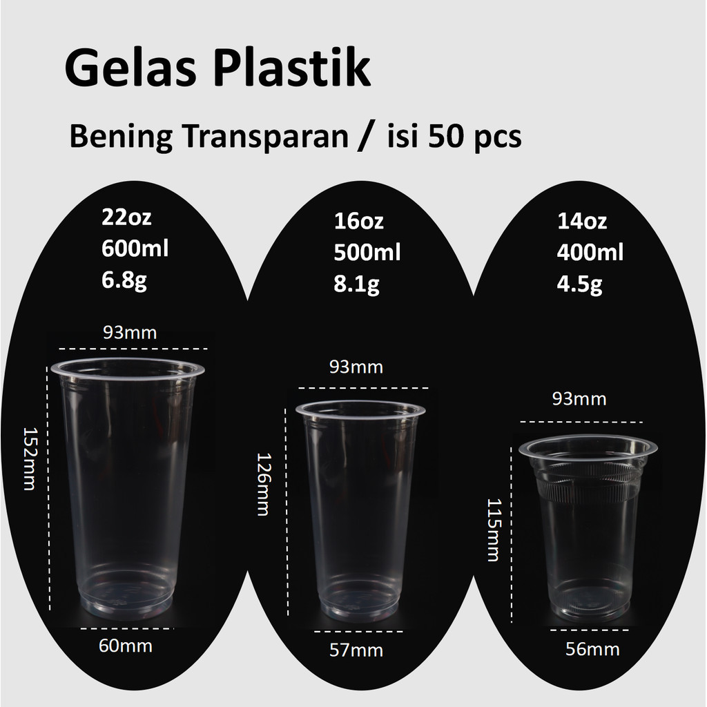 [50pcs]Gelas Plastik 14oz 16oz 22oz cup diameter 93mm/ Gelas Plastik Tebal /Gelas PP Bening/PP Cup F