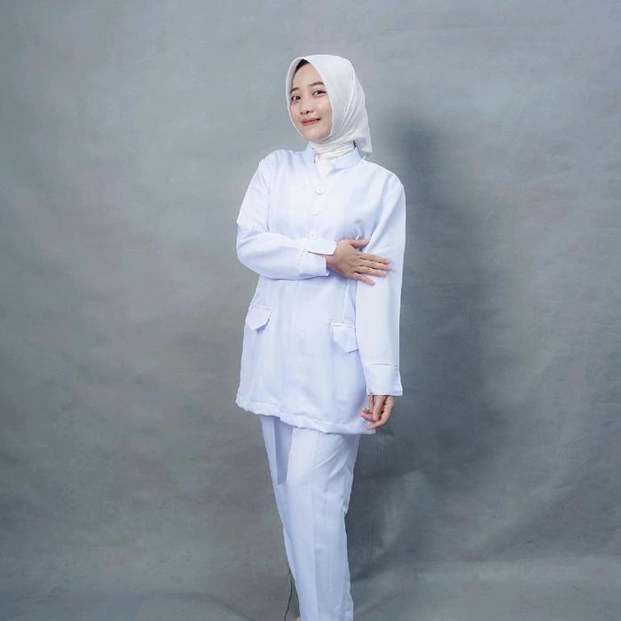 Baju Dinas Kesehatan Wanita Lengan Panjang/Baju Perawat dan Suster Putih/Setelan Celana Panjang Dina