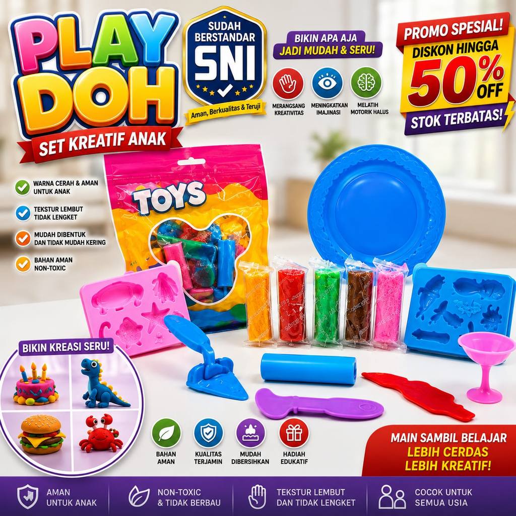 [SNI] Play Doh Plastisin Anak Set Kreatif Lengkap Dengan Cetakan Mainan Edukatif Motorik Halus good 