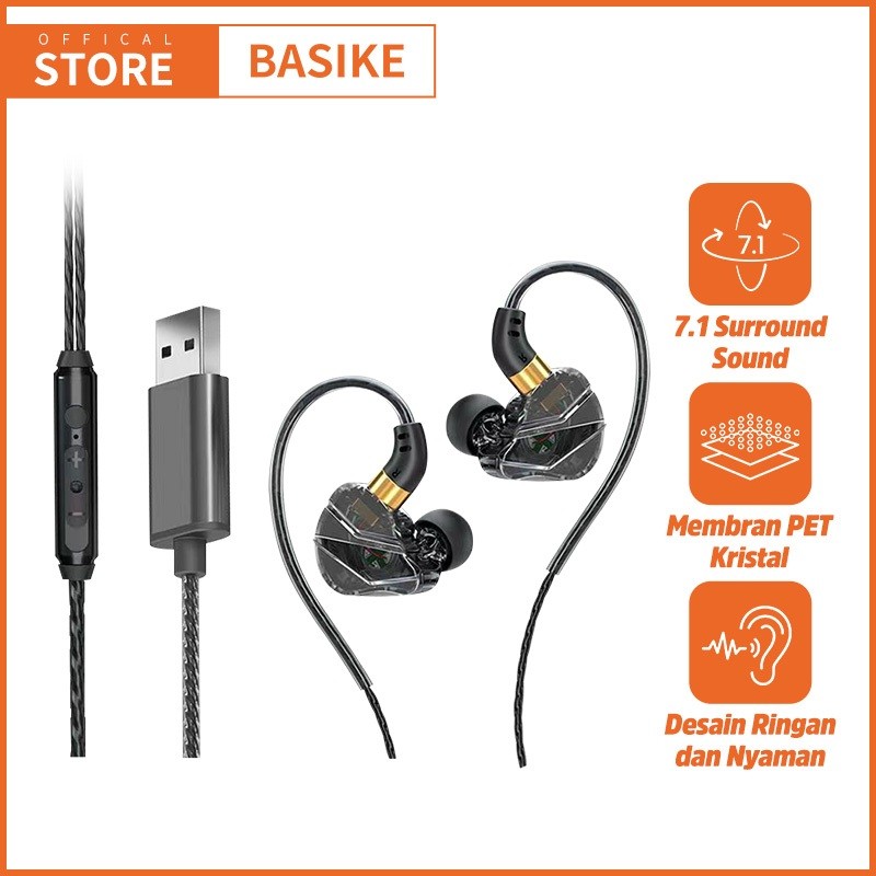 (HOT)BASIKE Headset Gaming Kabel USB Music Bass Earphone In Ear Mic Noise Reduction HD HIFI Sound Po