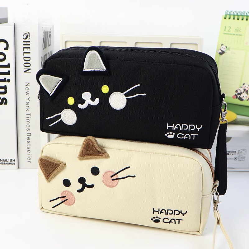 Kotak pensil kucing hitam putih, kotak alat tulis berkapasitas besar, tas pensil warna solid kartun
