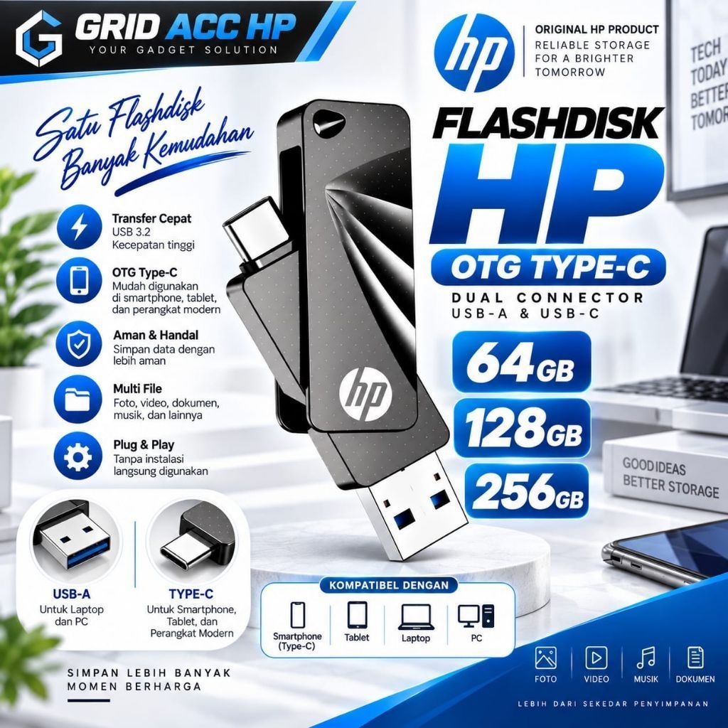 FLASHDISK HP 64GB 128GB 256GB 3.2 762C OTG TYPE C DESAIN ELEGAN