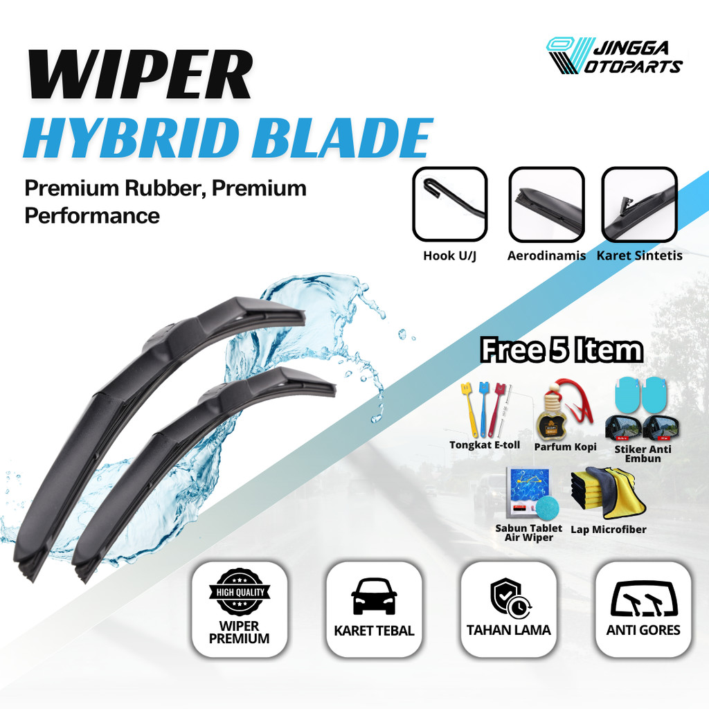 Wiper Hybrid Blade Universal 1 Set Kiri dan Kanan Untuk Semua Tipe Mobil Bonus 5 Item U301