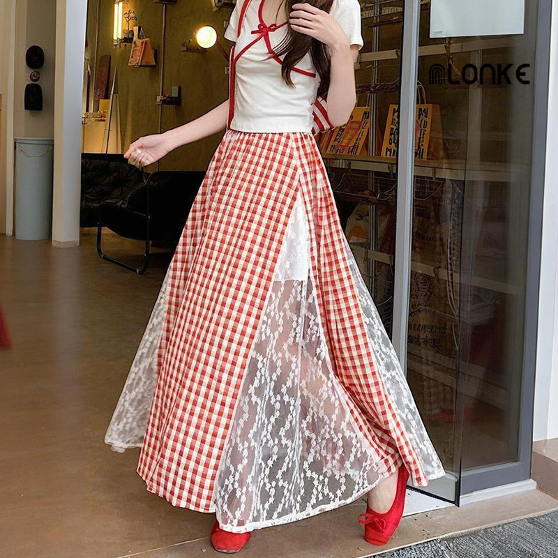 NLONKE - Rok Kotak-kotak Patchwork Renda Desain Sense Dopamin Pinggang Tinggi Panjang A-line