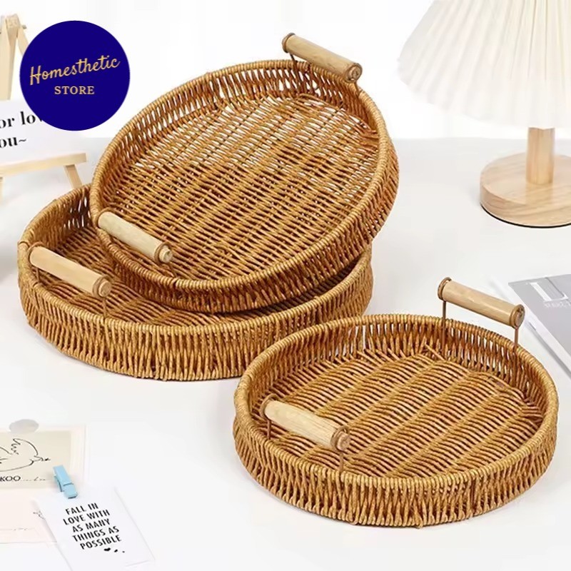 Tatakan Nampan Saji Rotan Untuk Buah Roti Gelas Cangkir Fruit Tray Basket Baki Dengan Pegangan Kayu