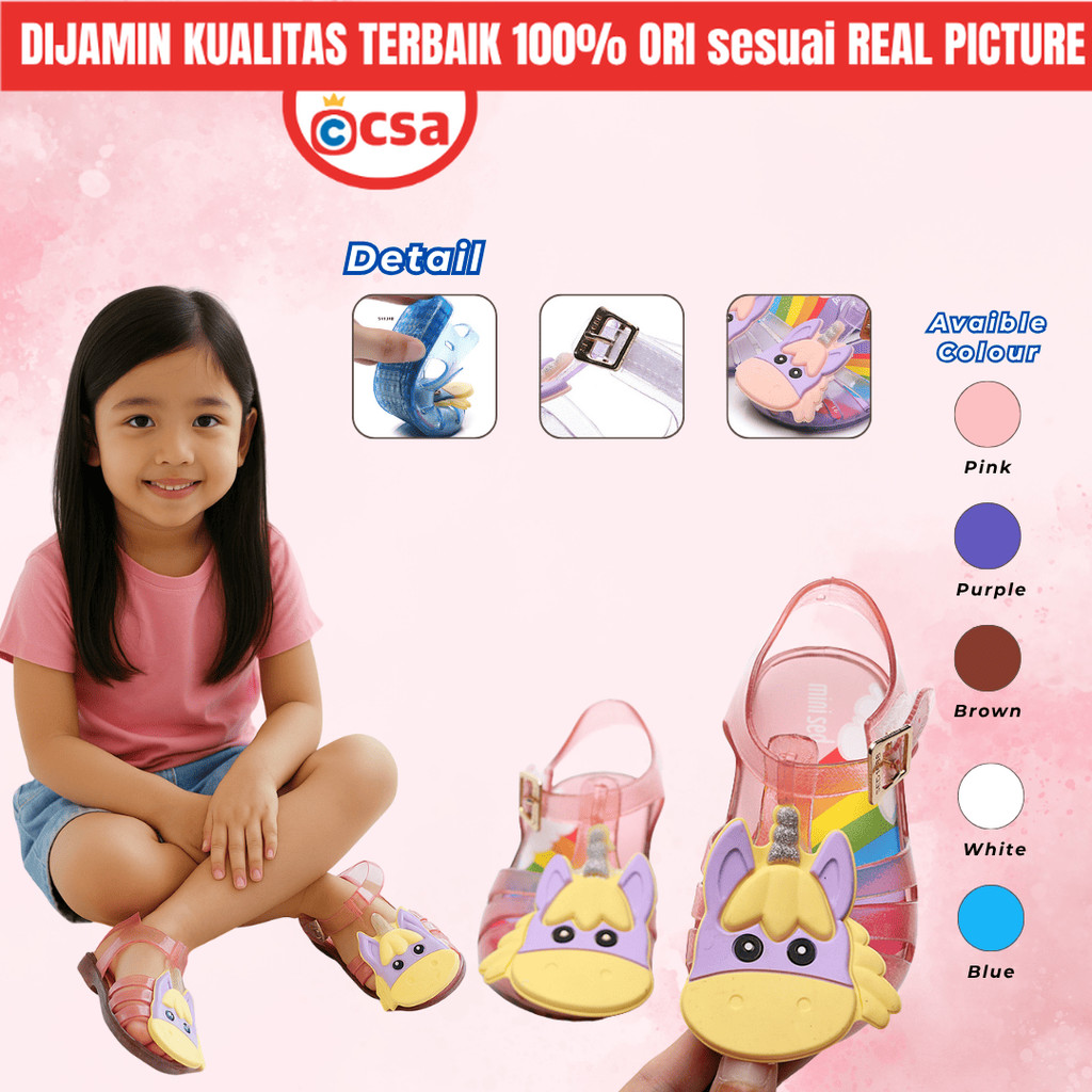 CSA Sepatu Sendal Jelly Shoes Anak Perempuan Cewek Glitter Karakter Unicorn Lucu Premium Import
