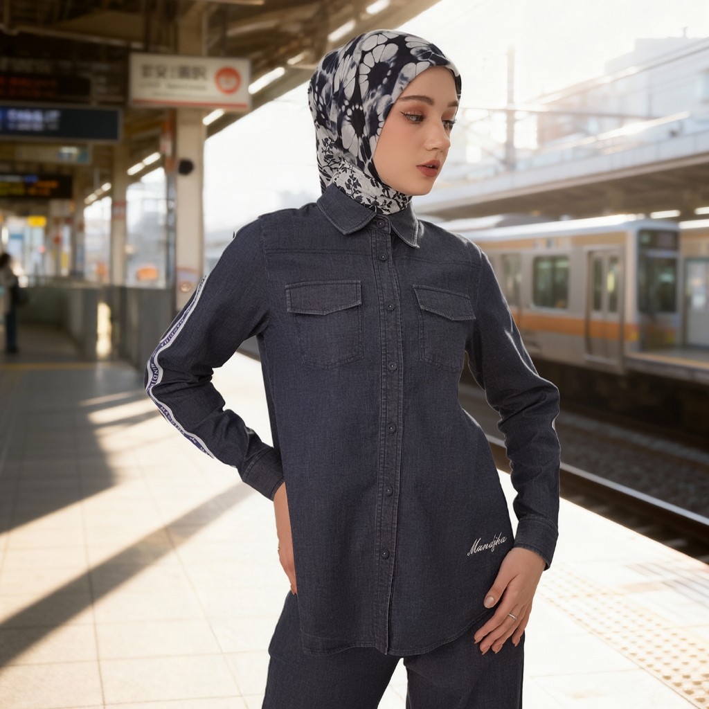 Blouse Denim Wanita Atasan Premium Chester Biru Dongker Lengan Panjang By Mandjha Ivan Gunawan