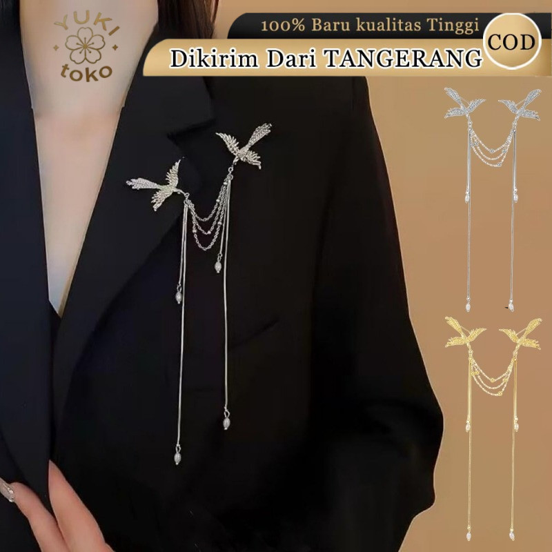 Phoenix Pearl Tassel Brooch Pin Desain Burung Rumbai Elegan Bros Kerah Kemeja Wanita Lapel Pin
