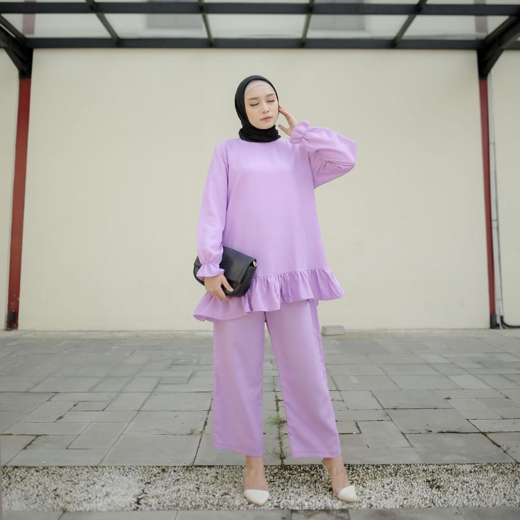 Myaffselv Adilla Wrinkle Set Lilac M15914 R78S5 Muslim Wanita Baju Tunik & Celana Crinkle Linen Panj