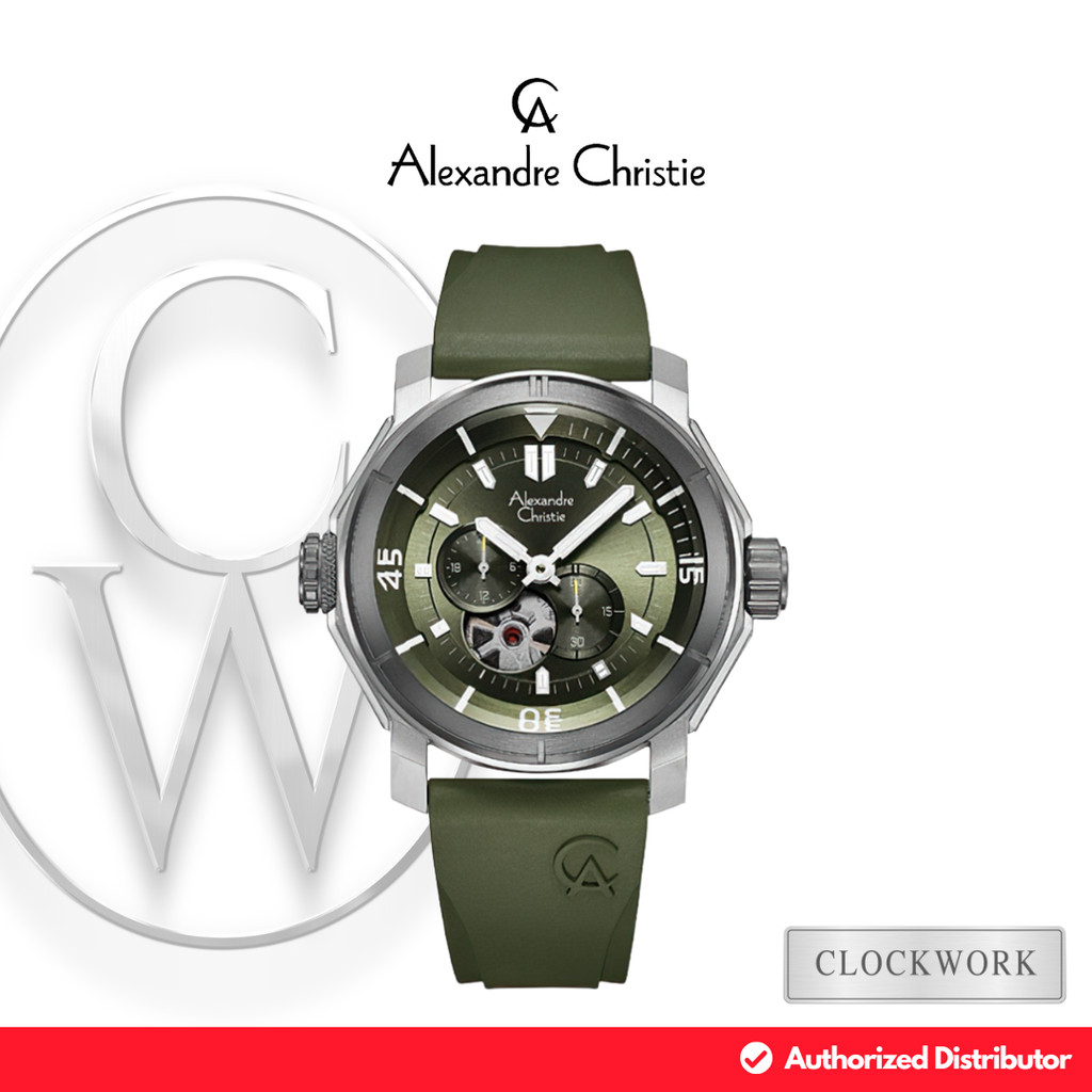 Jam Tangan Pria Alexandre Christie Automatic AC 6565 MARTEGN Karet Sporty Open Heart Hijau