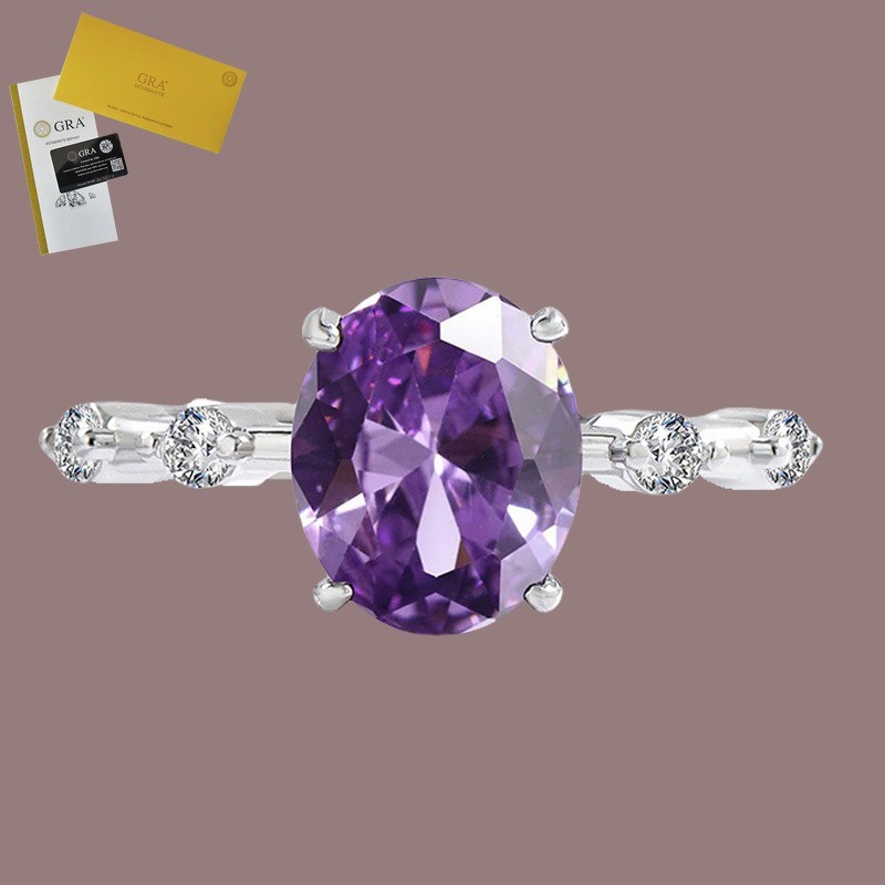 Cincin Berlian Wanita Oval Moissanite Ungu Perak 925