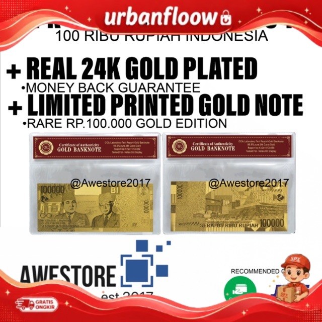 Uang Replika 100.000 Rupiah Lapis Emas 24K Seratus Ribu Gold Plated BEST PRODUK 