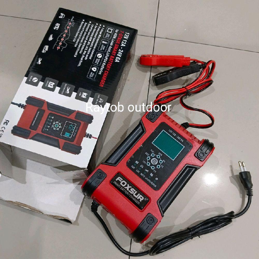 Charger Battery Aki Mobil Motor Portable Foxsur 12V 12A 24V 6A 200Ah Red