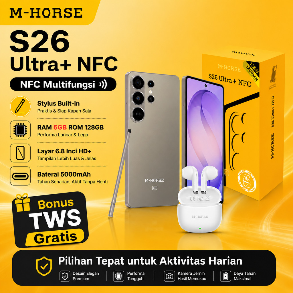 HP M-HORSE S26 Ultra+ NFC RAM 6GB ROM 128GB Android 15 Layar Besar 6.8 Inch Baterai 5000mAh Kamera 3