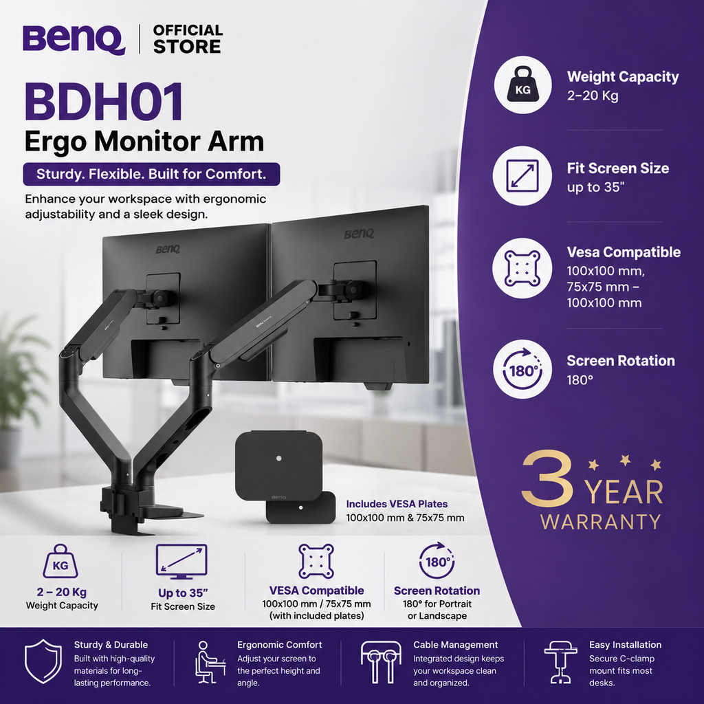 BenQ BDH01 Ergo Monitor Arm Heavy Duty Monitor Mount VESA 75x75 100x100 untuk Monitor 17-35 Inch Beb