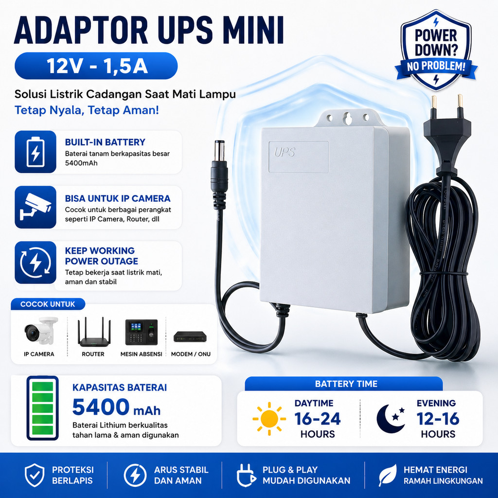 Adaptor Power Supply Mini UPS 12V 1.5A 5400mAh Anti Mati Lampu Router Modem CCTV
