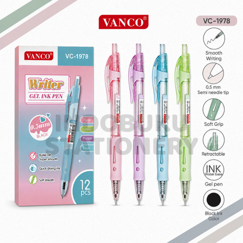 ( 1 Pack 12 Pcs ) Pulpen Gel Klik 0.5mm Body Warna Pastel Macaron Gel Pen Cetek VC-1978