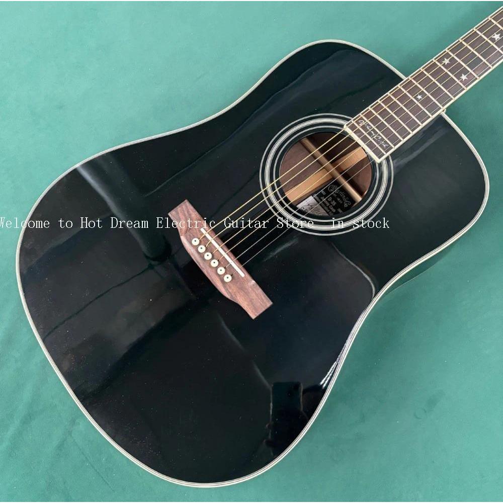 Ebony Acoustic Guitar With Black Pickguard Solid Wood Top Ebony Fretboard Bone Nut And Saddle Good Q