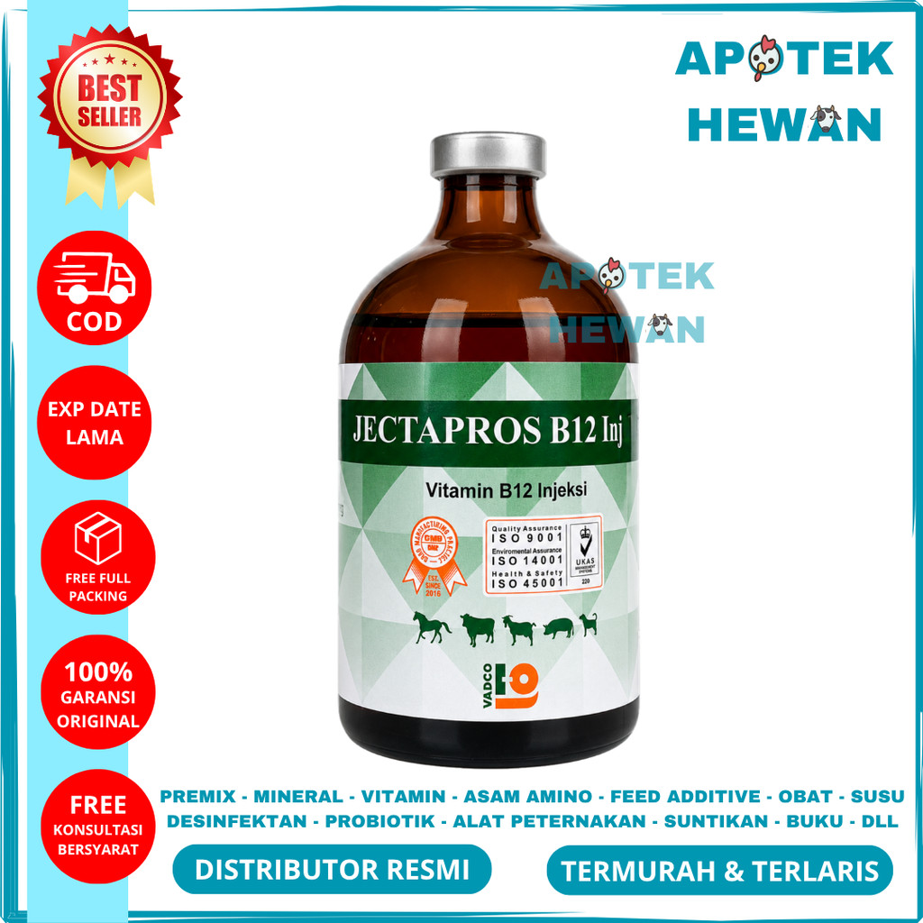 Vitamin B12 JECTAPROS B12 100ML - Vitamin B12 Injeksi Hewan Ternak Sapi Kambing Kuda Domba Babi