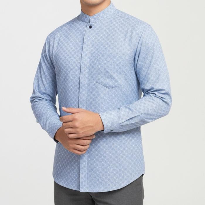 Baju Koko Muslim Kemeja Batik Pria Lengan Panjang Slim Fit Furing ICE BLUE BIRU LANGIT Hem Lebaran