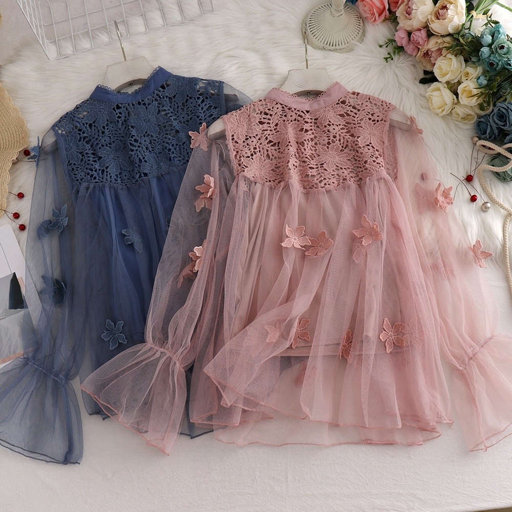 HIRO.SHOP 【READY】2 potong kemeja + rompi Korea longgar 3D tiga dimensi bunga renda atasan lengan pan