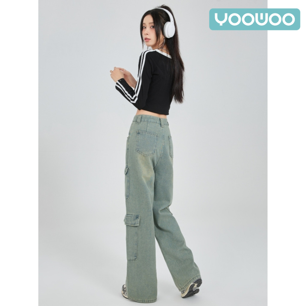 YooWoo Celana Cargo Denim Wanita Vintage / Celana Panjang Wanita / Celana Jeans Cargo Longgar Model 