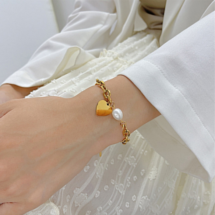 Gelang Hati Berlapis Emas dari Stainless Steel 316L | Desain Simple & Modis dengan Mutiara Imitasi, 