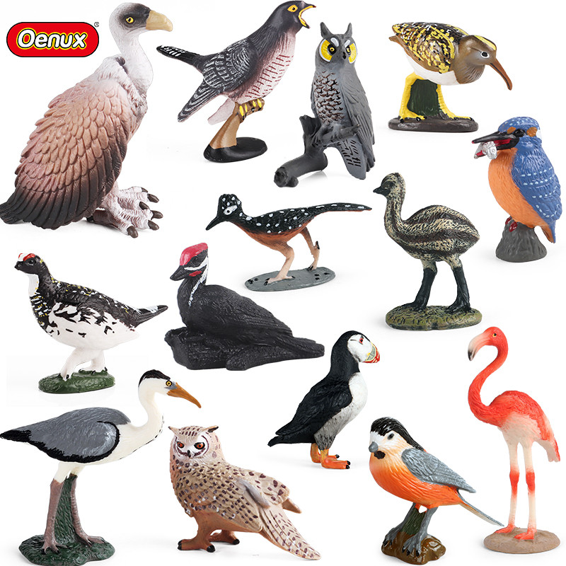 Oenux Forest Bird Animals Wild Ostrich Magpie Owl Crow Flamingos Figurines Action Figure PVC Garden 