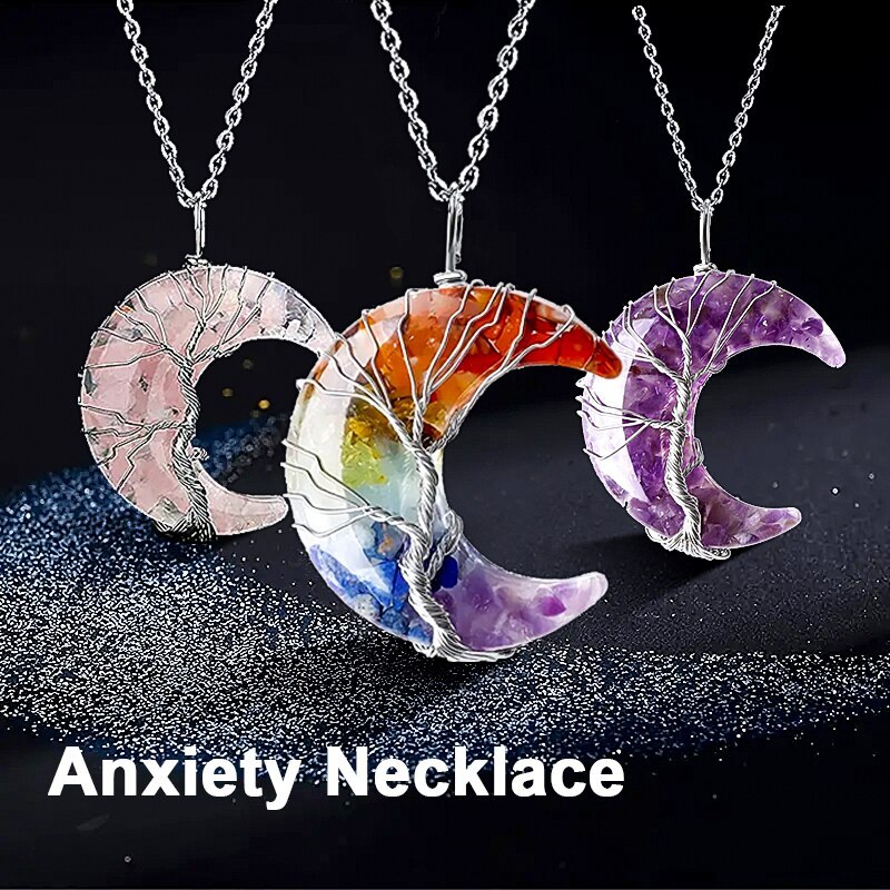 Tree of Life Necklace Wire Wrapped Crescent Moon Stone Pendant Necklaces 7 Chakra Healing Crystal Ne