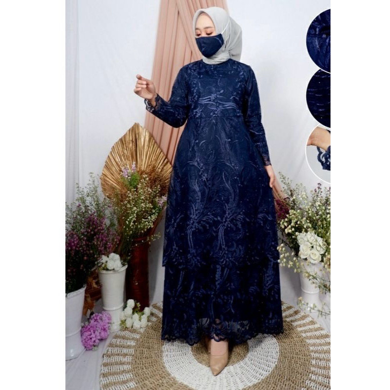 [Padu Dress] Gamis Brukat Premium Navy – Baju Couple Ibu Anak Remaja Dewasa untuk Pesta & Kondangan