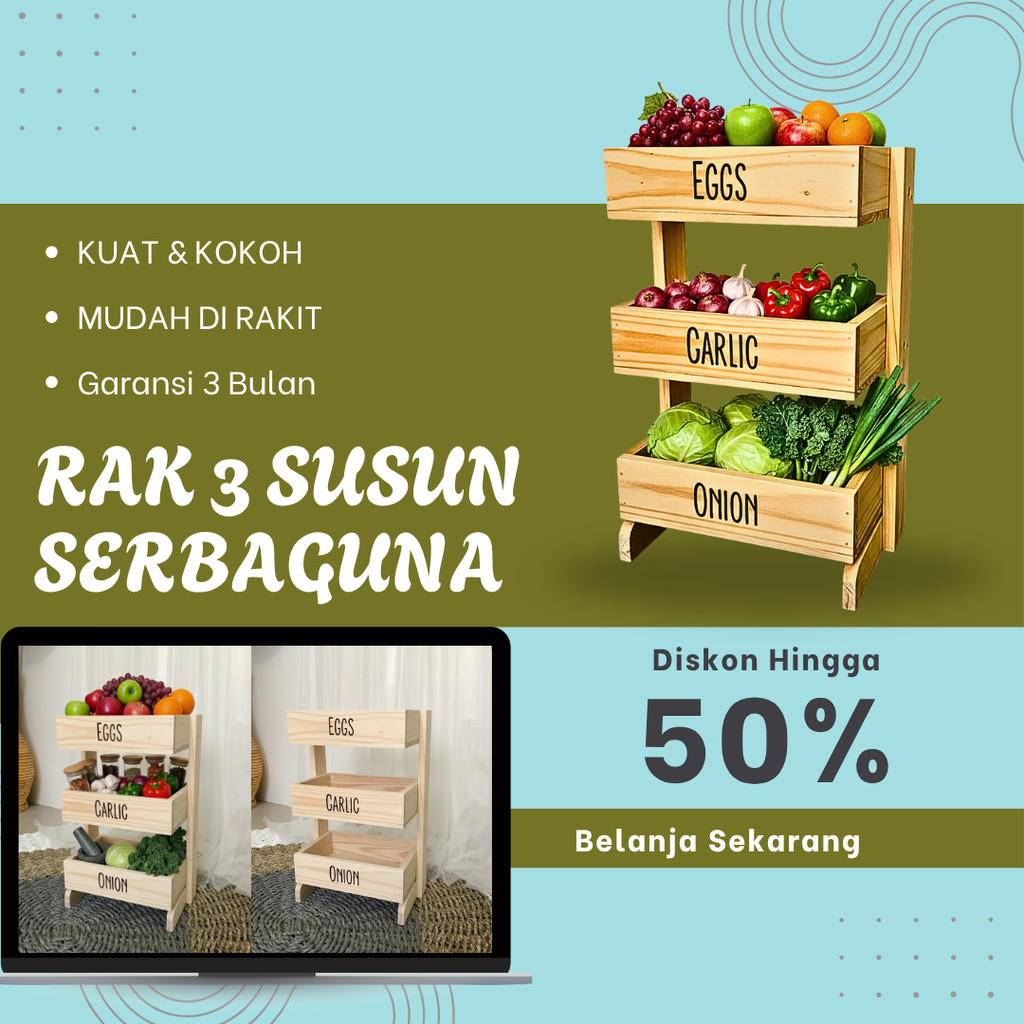 Rak Bawang Kayu 3 Susun / Rak Bumbu Serbaguna